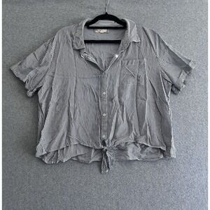 Pink Rose Vintage Top Women's‎ Short Sleeve Button Blue Striped Shirt XL Tie